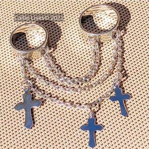 Triple Chain Layered Cross Charm Vintage Style Silver Tone Double Rings